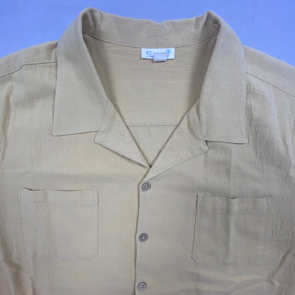 KS Island Men 4XL Big Yellow SS Camp Shirt Wood Buttons Textured Casual Summer